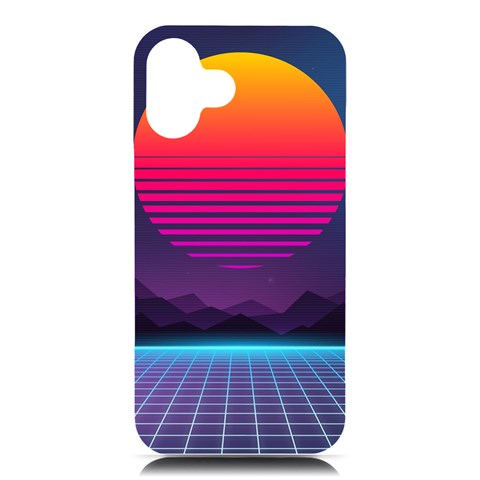 Retrowave Grid Sunset iPhone 16 Plus Black UV Print PC Hardshell Case from ArtsNow.com Front