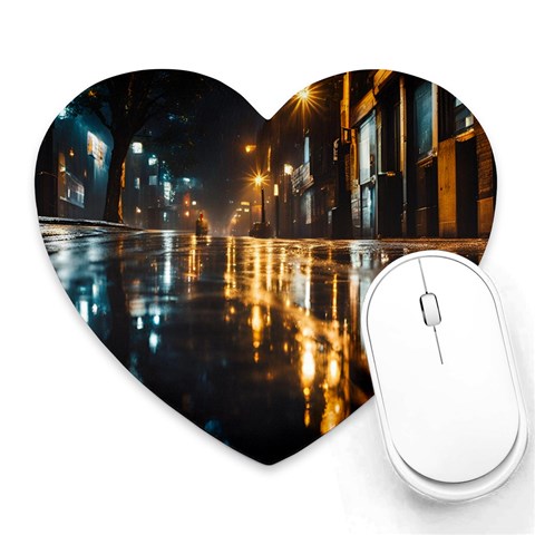 Rainy City Street at Night Heart Mousepad from ArtsNow.com Front