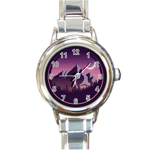 Mountain Night Crescent Moon Round Italian Charm Watch from ArtsNow.com Front