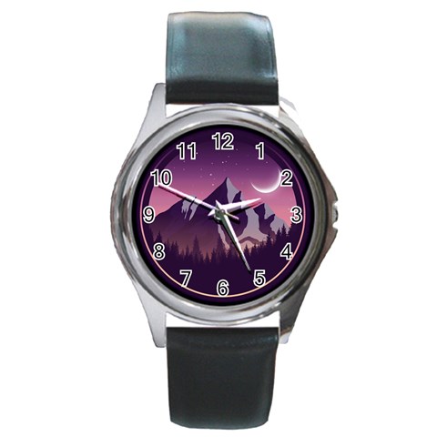 Mountain Night Crescent Moon Round Metal Watch from ArtsNow.com Front