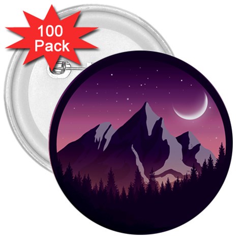 Mountain Night Crescent Moon 3  Buttons (100 pack)  from ArtsNow.com Front