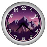 Mountain Night Crescent Moon Wall Clock (Silver)