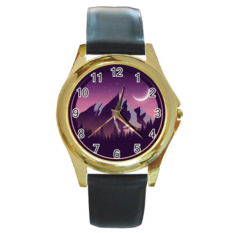 Mountain Night Crescent Moon Round Gold Metal Watch from ArtsNow.com Front