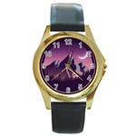 Mountain Night Crescent Moon Round Gold Metal Watch