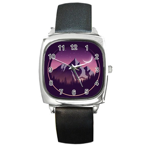 Mountain Night Crescent Moon Square Metal Watch from ArtsNow.com Front