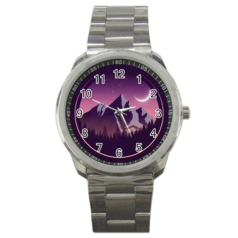 Mountain Night Crescent Moon Sport Metal Watch from ArtsNow.com Front