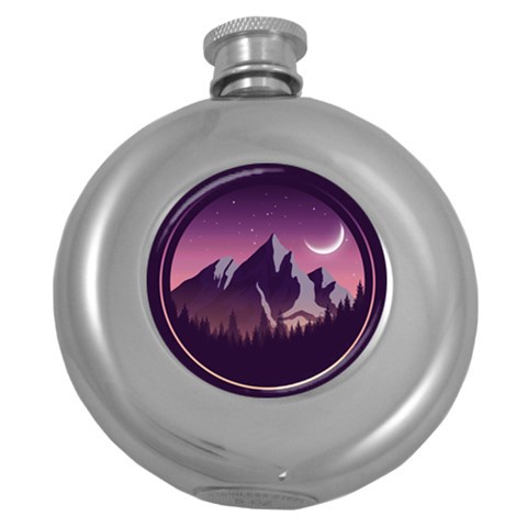 Mountain Night Crescent Moon Round Hip Flask (5 oz) from ArtsNow.com Front