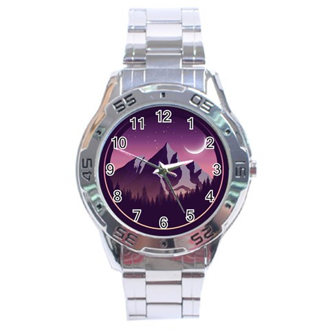 Mountain Night Crescent Moon Stainless Steel Analogue Watch from ArtsNow.com Front