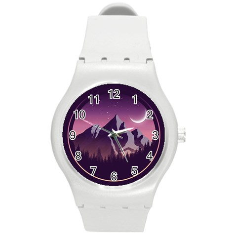 Mountain Night Crescent Moon Round Plastic Sport Watch (M) from ArtsNow.com Front