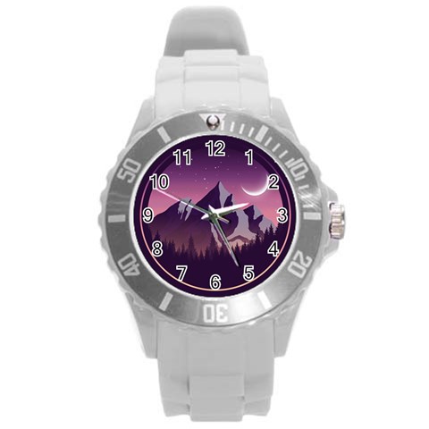 Mountain Night Crescent Moon Round Plastic Sport Watch (L) from ArtsNow.com Front