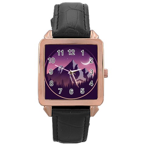 Mountain Night Crescent Moon Rose Gold Leather Watch  from ArtsNow.com Front