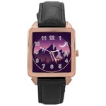 Mountain Night Crescent Moon Rose Gold Leather Watch 