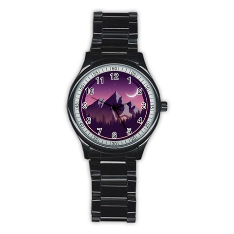 Mountain Night Crescent Moon Stainless Steel Round Watch from ArtsNow.com Front