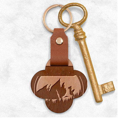 Mountain Night Crescent Moon Engraved Wood Key Chain from ArtsNow.com Front