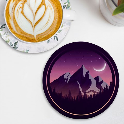 Mountain Night Crescent Moon UV Print Round Tile Coaster from ArtsNow.com Front