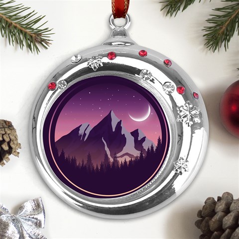 Mountain Night Crescent Moon Metal Snowflake Red Crystal Round Ornament from ArtsNow.com Front