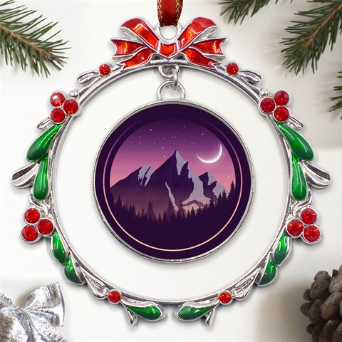 Mountain Night Crescent Moon Metal X mas Wreath Ribbon Ornament from ArtsNow.com Front