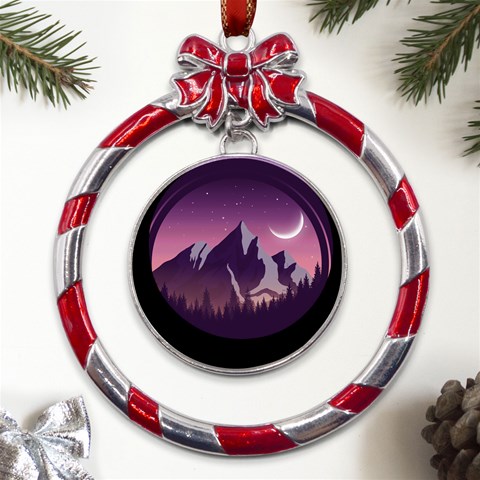 Mountain Night Crescent Moon Metal Red Ribbon Round Ornament from ArtsNow.com Front