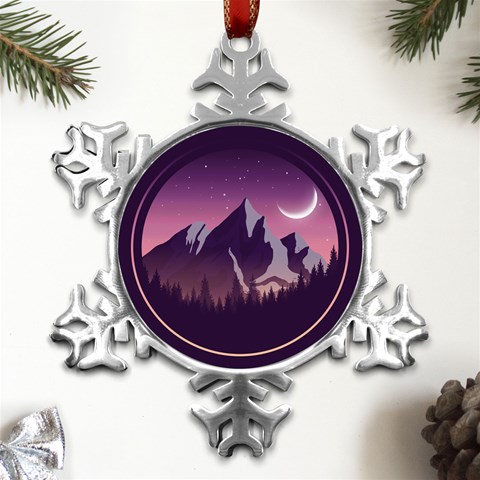 Mountain Night Crescent Moon Metal Small Snowflake Ornament from ArtsNow.com Front