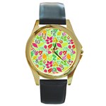 Flower Flora Floral Nature Pattern Seamless Round Gold Metal Watch