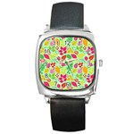 Flower Flora Floral Nature Pattern Seamless Square Metal Watch