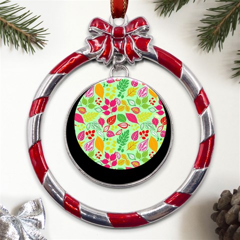 Flower Flora Floral Nature Pattern Seamless Metal Red Ribbon Round Ornament from ArtsNow.com Front