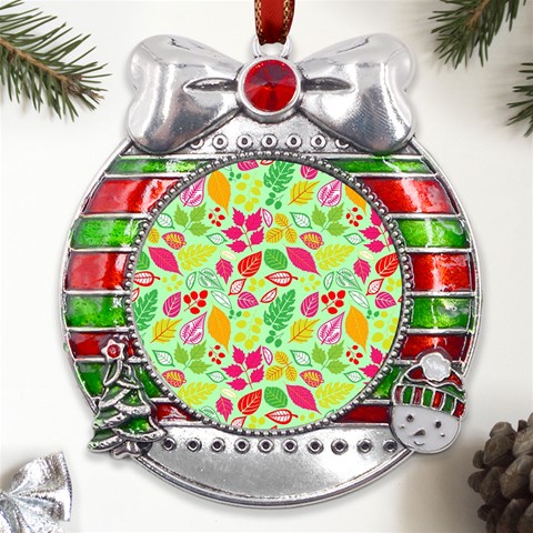 Flower Flora Floral Nature Pattern Seamless Metal X Mas Ribbon With Red Crystal Round Ornament from ArtsNow.com Front