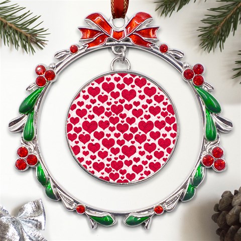 Hearts Valentine Pattern Seamless Metal X mas Wreath Ribbon Ornament from ArtsNow.com Front