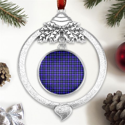 Blue Tartan Plaid 1 Metal Silver X mas Leaves Round Ornament from ArtsNow.com Front