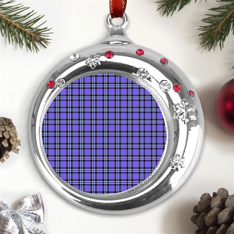 Blue Tartan Plaid 1 Metal Snowflake Red Crystal Round Ornament from ArtsNow.com Front