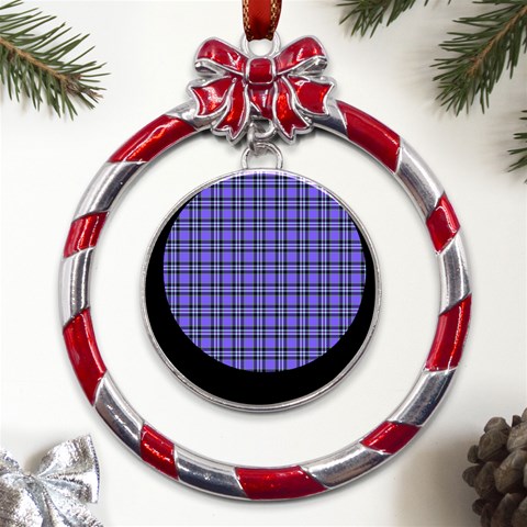 Blue Tartan Plaid 1 Metal Red Ribbon Round Ornament from ArtsNow.com Front