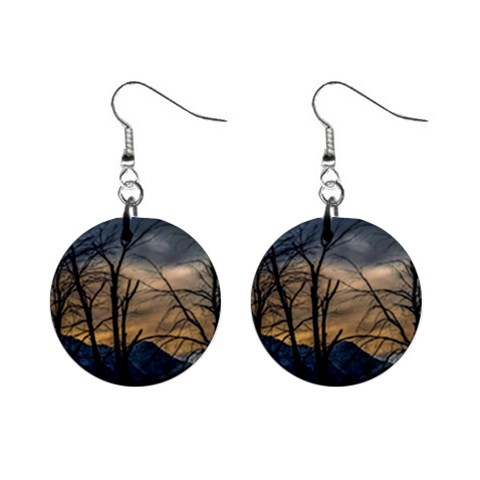 Tree silhouette at border of nahuel haupi lake, rio negro, argentina Mini Button Earrings from ArtsNow.com Front