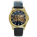 Tree silhouette at border of nahuel haupi lake, rio negro, argentina Round Gold Metal Watch