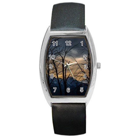 Tree silhouette at border of nahuel haupi lake, rio negro, argentina Barrel Style Metal Watch from ArtsNow.com Front