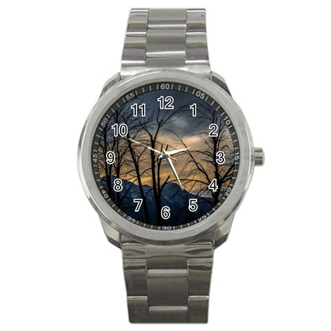 Tree silhouette at border of nahuel haupi lake, rio negro, argentina Sport Metal Watch from ArtsNow.com Front