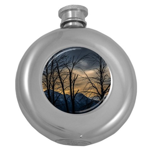 Tree silhouette at border of nahuel haupi lake, rio negro, argentina Round Hip Flask (5 oz) from ArtsNow.com Front