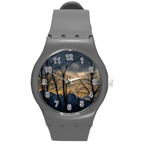 Tree silhouette at border of nahuel haupi lake, rio negro, argentina Round Plastic Sport Watch (M) from ArtsNow.com Front