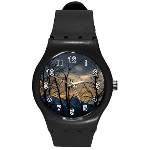 Tree silhouette at border of nahuel haupi lake, rio negro, argentina Round Plastic Sport Watch (M) from ArtsNow.com Front