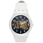 Tree silhouette at border of nahuel haupi lake, rio negro, argentina Round Plastic Sport Watch (M)