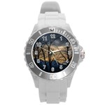 Tree silhouette at border of nahuel haupi lake, rio negro, argentina Round Plastic Sport Watch (L)