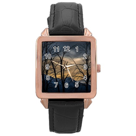 Tree silhouette at border of nahuel haupi lake, rio negro, argentina Rose Gold Leather Watch  from ArtsNow.com Front