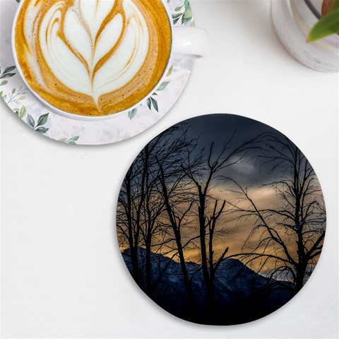 Tree silhouette at border of nahuel haupi lake, rio negro, argentina UV Print Round Tile Coaster from ArtsNow.com Front