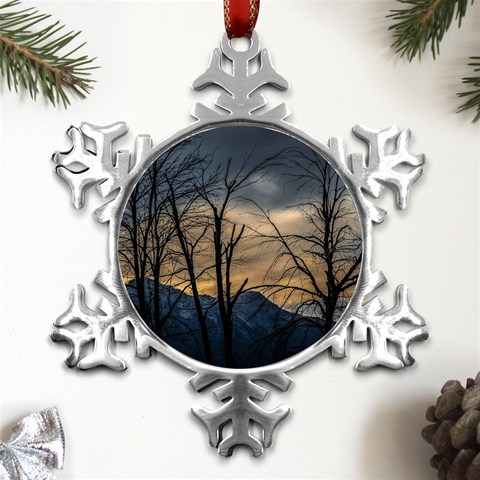 Tree silhouette at border of nahuel haupi lake, rio negro, argentina Metal Small Snowflake Ornament from ArtsNow.com Front