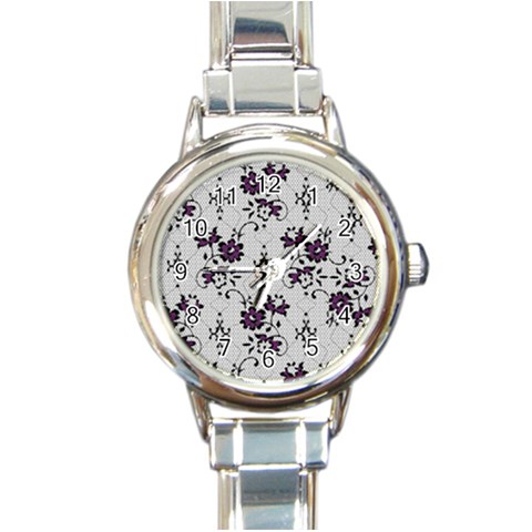 Elegant Purple Floral Jacquard Mesh Lace Fabric Round Italian Charm Watch from ArtsNow.com Front