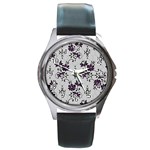 Elegant Purple Floral Jacquard Mesh Lace Fabric Round Metal Watch