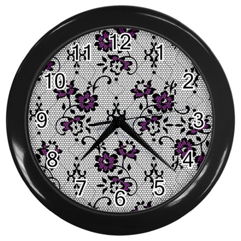 Elegant Purple Floral Jacquard Mesh Lace Fabric Wall Clock (Black) from ArtsNow.com Front