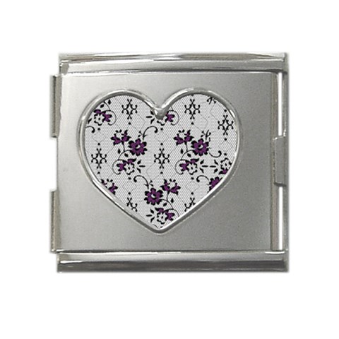 Elegant Purple Floral Jacquard Mesh Lace Fabric Mega Link Heart Italian Charm (18mm) from ArtsNow.com Front