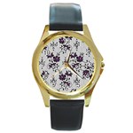 Elegant Purple Floral Jacquard Mesh Lace Fabric Round Gold Metal Watch