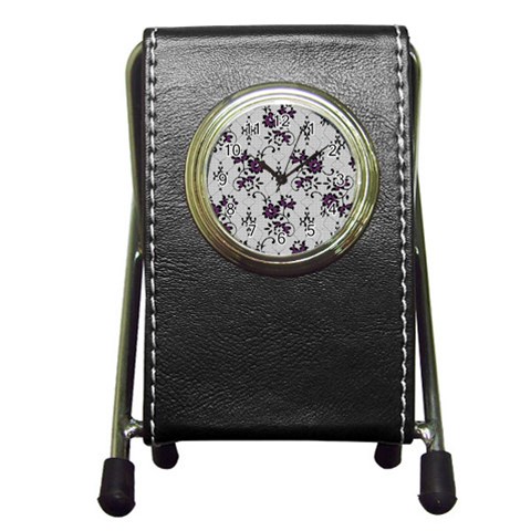 Elegant Purple Floral Jacquard Mesh Lace Fabric Pen Holder Desk Clock from ArtsNow.com Front