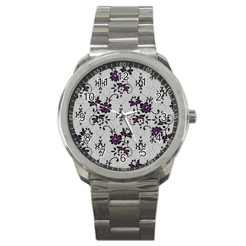 Elegant Purple Floral Jacquard Mesh Lace Fabric Sport Metal Watch from ArtsNow.com Front